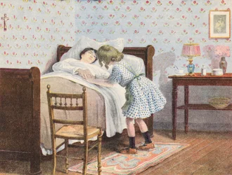 Jong meisje verzorgt haar zieke moeder (kleurenlitho)