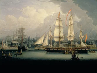 Viermastig klipperschip in de haven van Liverpool, ca. 1810