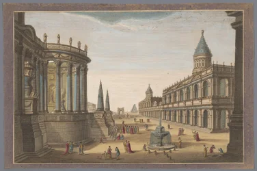 Gezicht op de Tempel van Vesta, de Piramide van Cestius en andere bouwwerken te Rome