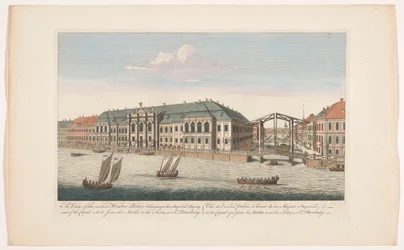 Gezicht op het Winterpaleis en het kanaal tussen de rivieren de Mojka en de Neva te Sint-Petersburg