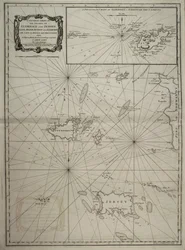 Een algemene kaart van de eilanden Guernsey en Jersey, Sark, Herm, Jethou en Alderney, met Cape la Hague en de Caskets