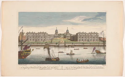 Gezicht op Greenwich Hospital aan de rivier de Theems te Greenwich