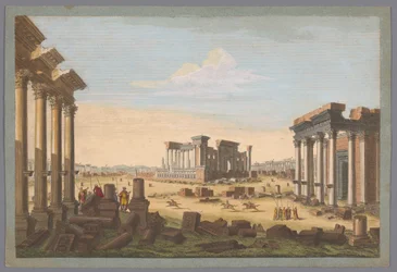Gezicht op de ruïnes van monumenten te Palmyra gezien vanaf de noordwestzijde