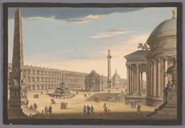 Gezicht op een obelisk, een triomfboog, een zuil en andere bouwwerken te Rome