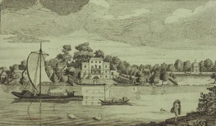 Uitzicht op het beroemde huis van Mr. Pope in Twickenham, c.1750 (gravure)