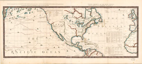 Kaart met de kusten van Californië, New Albion en Russische ontdekkingen in het noorden; met het schiereiland Kamtsjatka in Azië, daartegenover; en eilanden, verspreid over de Stille Oceaan, ten noorden van de lijn. Noord-Amerika en het Westen