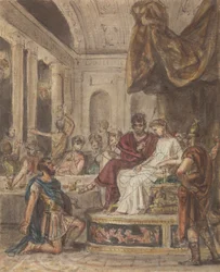 Banketscène, met een Romeinse soldaat die knielt voor een vrouwelijke figuur op een troon