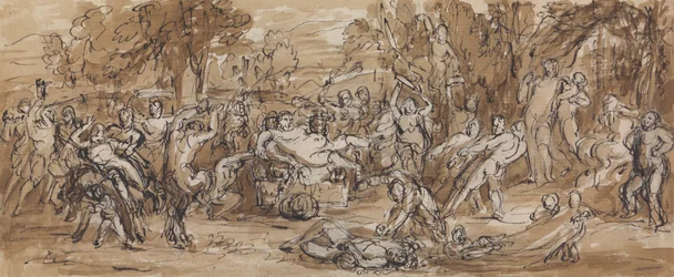 Figurenstudie van een Bacchanaal Viering in een Bebost Landschap