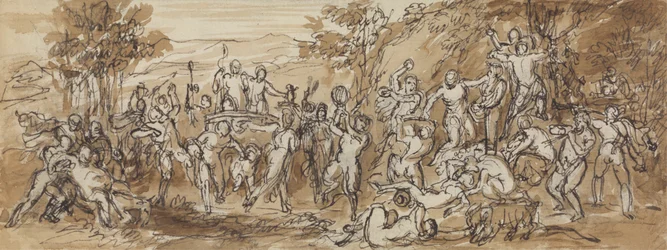 Figurenstudie van een Bacchanalia-viering in een boslandschap
