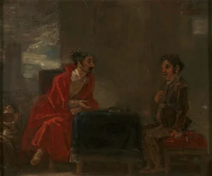 Illustratie voor Don Quichot, twee figuren aan een tafel