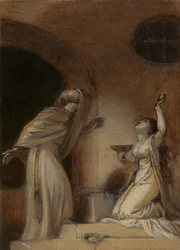 Illustratie voor een oosterse romance, mogelijk "De Arabische Nachten", met knielende vrouwelijke figuur rechts