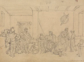 Studie van een interieur met Romeinse soldaten