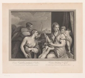 Venus doet een blinddoek om bij Cupido