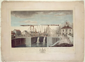 Een oostelijk uitzicht op de brug en de nieuwe dok in Kingston upon Hull
