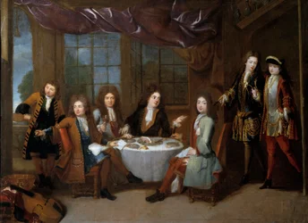 Hamontbijt. Mannen van de adel delen een diner met koude vleeswaren
