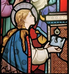 Maria biedt duiven aan in de tempel, (detail) van het oostraam, 1864