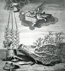 Emblematische prent verwijzend naar de executie van Karel I en de Stuart-opvolging, 1715