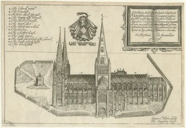 Lichfield Kathedraal - Zuidzicht: kopergravure, nd [17e eeuw]