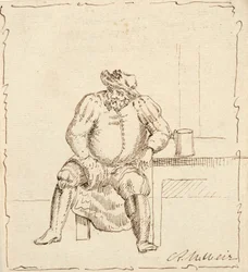 Schets van zittende man met mok, mogelijk Falstaff