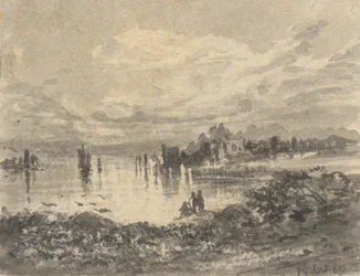 Uitzicht op meer en bergen met figuren