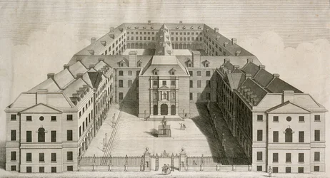 Vogelvlucht van Guys Hospital, Southwark, met figuren in de binnenplaats, gegraveerd door William Henry Toms, c.1756