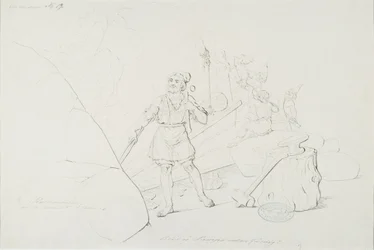 Ilmarinen takoo sampoa ; Originaalipiirustus piirrossarjaan "Kalewala, Fins nationaal gedicht, voorgesteld in tekeningen R.W.Ekman".