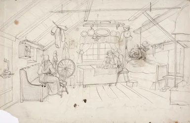 Een interieur met drie mensen: één in bed die koffie drinkt, één aan tafel die pap eet en één bij de rogge.
