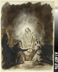 Christus zegent twee knielende personen