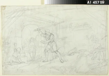 Goudsmeden, schets voor een Kalevala-tekenfilmserie ; Repetitie voor het personage Ilmarinen op de voorpoule (dubbelzijdig werk)