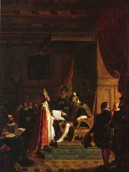 Mikael Agricola overhandigt de Finse NT aan koning Gustav Vasa