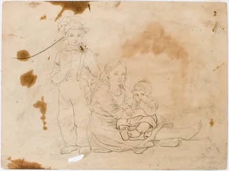 Kinderen uit Småland, een meisje met een kind op schoot en een jongen die naast haar staat