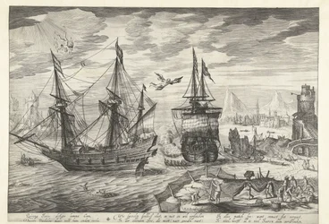 Haven met schepen, in de lucht de val van Icarus