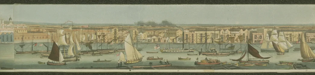 Panoramisch uitzicht op de rivier de Theems, vanaf de zuidelijke oever bij Bermondsey met uitzicht op Stepney, 1823