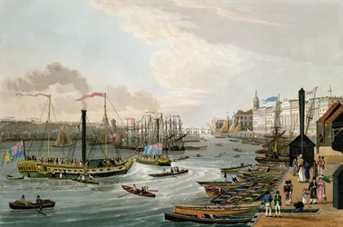 Een uitzicht op London Bridge en het Douanehuis, met de Margate stoomjachten, gepubliceerd in 1820 door Colnaghi und Co.
