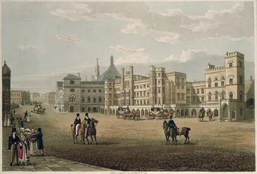 Uitzicht op het House of Lords en Commons, vanaf Old Palace Yard, uitgegeven 1821 door Colnaghi und Co.