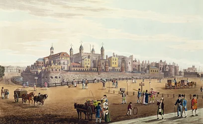 Uitzicht op de Tower of London en de Munt, uitgegeven door Colnaghi und Co, 1821