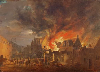 Brussel in brand, met de gouverneur Aartshertog Leopold Wilhelm toekijkend (olieverf op doek)