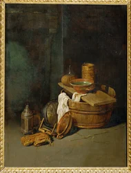 Stilleven met huisraad (schilderij op eikenhout)