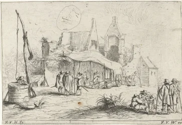 Waterput en een tent bij een ruïne