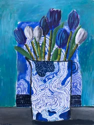 Blauwe en witte tulpen, ca 2022 (olieverf op zeefdruk op papier)