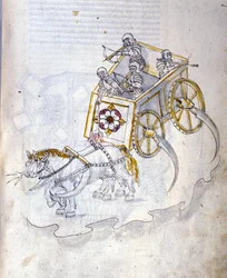 Kunst van de oorlog: studie over militaire machines. strijdwagen uitgerust met zeisen, illustratie uit 