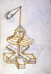 Kunst van de oorlog: studie over militaire machines. een draaiende steenwerpmachine, illustratie uit 