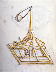 Krijgskunst: studie over militaire machines. een draaiende katapult, illustratie uit 