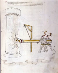 Krijgskunst: studie over militaire machines. gebruik van de stormram om een toren te belegeren, illustratie uit 