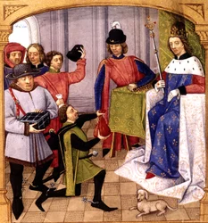 De Franse koning Filips V (1293-1322) ontvangt belasting, miniatuur van Robinet Testard uit de "Grandes chroniques de France", 1471