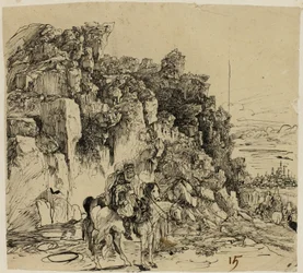 Bergachtig landschap met ruiters