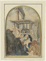 Studie voor een aanbidding der koningen, op de achtergrond een ruïne met twee Corinthische zuilen