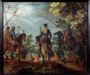 Poolse ruiters wandelen in een bos. Schilderij door Roelant (Roelandt) Savery (1576-1639)