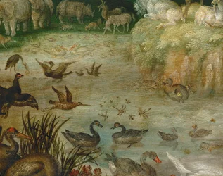 De vijver. Drinkende dieren, zwemmende eenden, een eenhoorn op de achtergrond (schilderij op canvas)