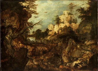 Wilde zwijnenjacht in een rotsachtig landschap